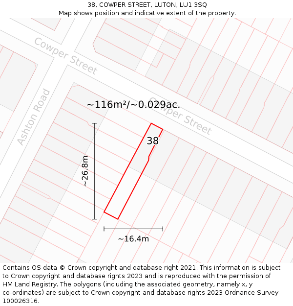 38, COWPER STREET, LUTON, LU1 3SQ: Plot and title map