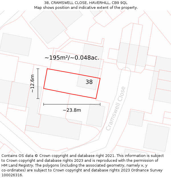 38, CRAMSWELL CLOSE, HAVERHILL, CB9 9QL: Plot and title map