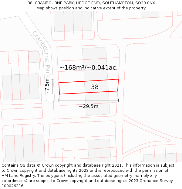 38, CRANBOURNE PARK, HEDGE END, SOUTHAMPTON, SO30 0NX: Plot and title map