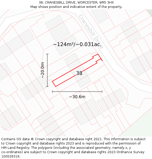 38, CRANESBILL DRIVE, WORCESTER, WR5 3HX: Plot and title map