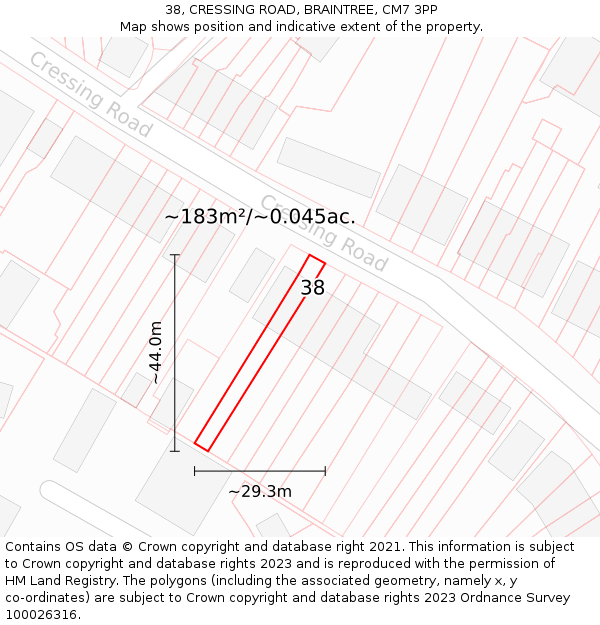 38, CRESSING ROAD, BRAINTREE, CM7 3PP: Plot and title map