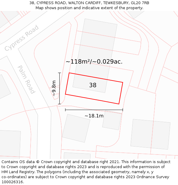 38, CYPRESS ROAD, WALTON CARDIFF, TEWKESBURY, GL20 7RB: Plot and title map