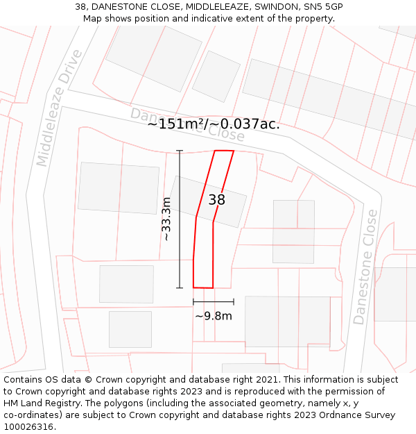 38, DANESTONE CLOSE, MIDDLELEAZE, SWINDON, SN5 5GP: Plot and title map