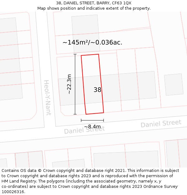 38, DANIEL STREET, BARRY, CF63 1QX: Plot and title map