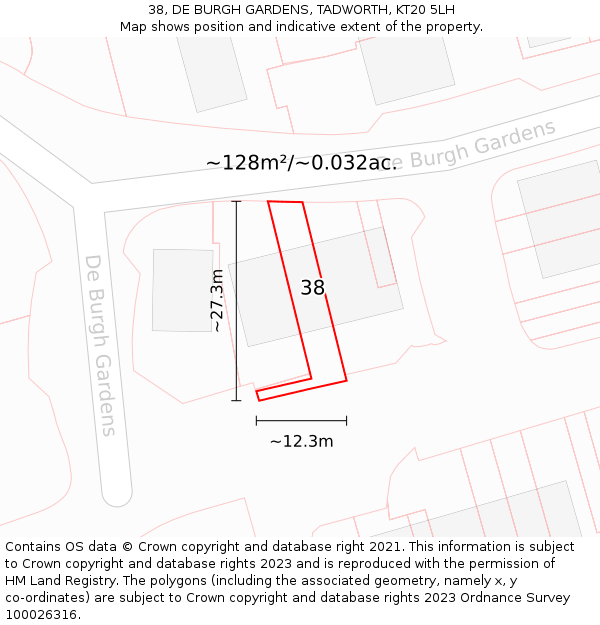 38, DE BURGH GARDENS, TADWORTH, KT20 5LH: Plot and title map