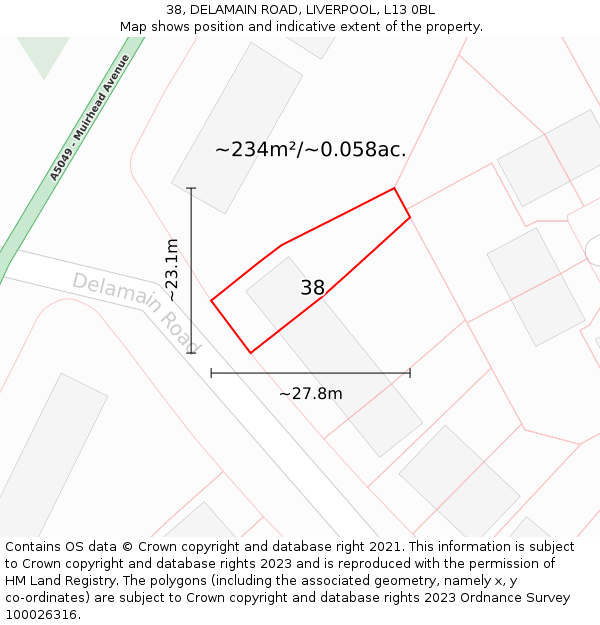 38, DELAMAIN ROAD, LIVERPOOL, L13 0BL: Plot and title map