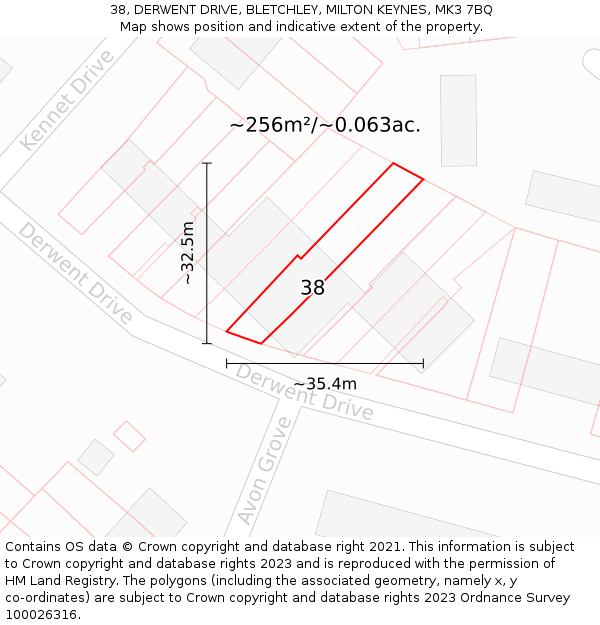 38, DERWENT DRIVE, BLETCHLEY, MILTON KEYNES, MK3 7BQ: Plot and title map