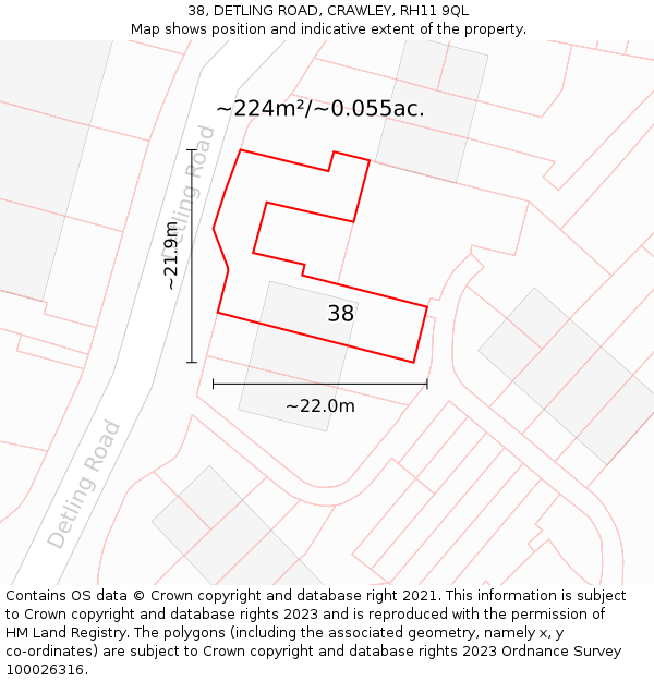 38, DETLING ROAD, CRAWLEY, RH11 9QL: Plot and title map
