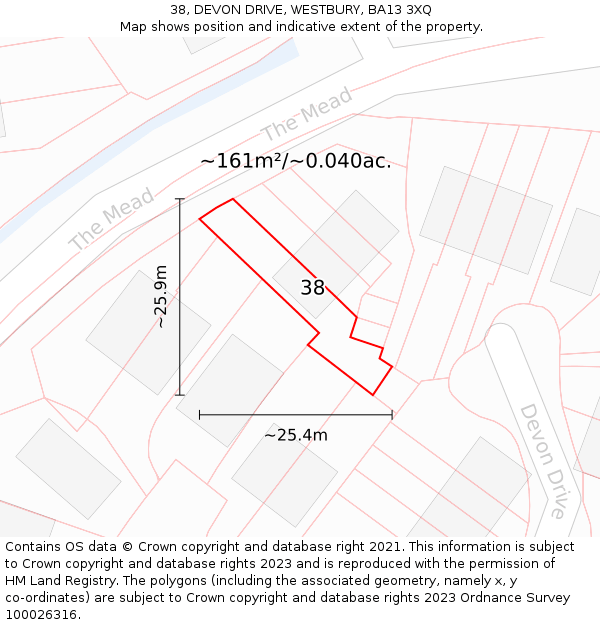 38, DEVON DRIVE, WESTBURY, BA13 3XQ: Plot and title map