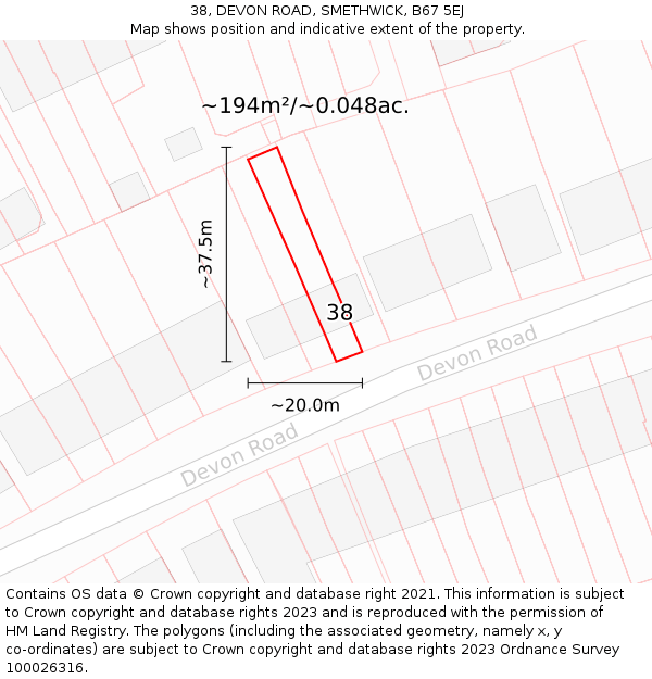 38, DEVON ROAD, SMETHWICK, B67 5EJ: Plot and title map