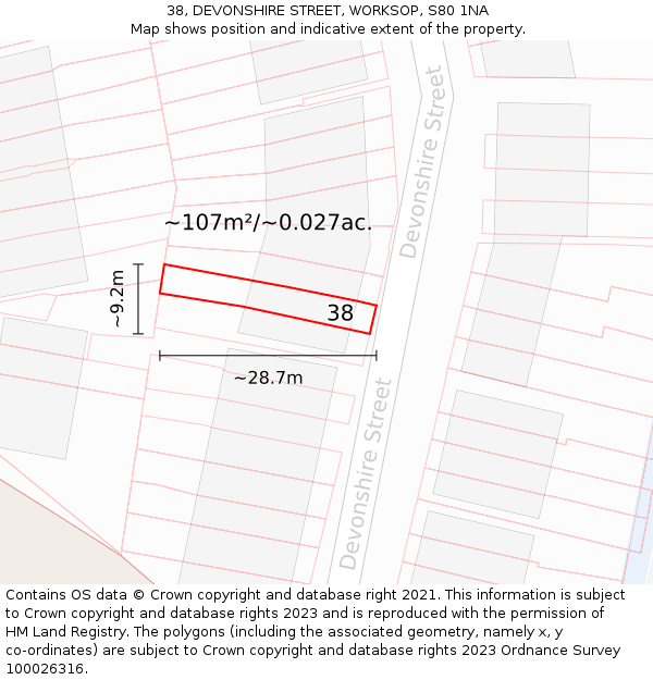 38, DEVONSHIRE STREET, WORKSOP, S80 1NA: Plot and title map
