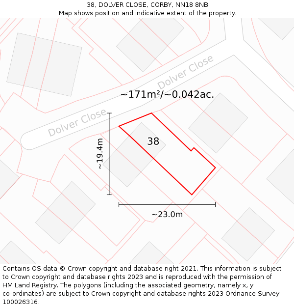 38, DOLVER CLOSE, CORBY, NN18 8NB: Plot and title map