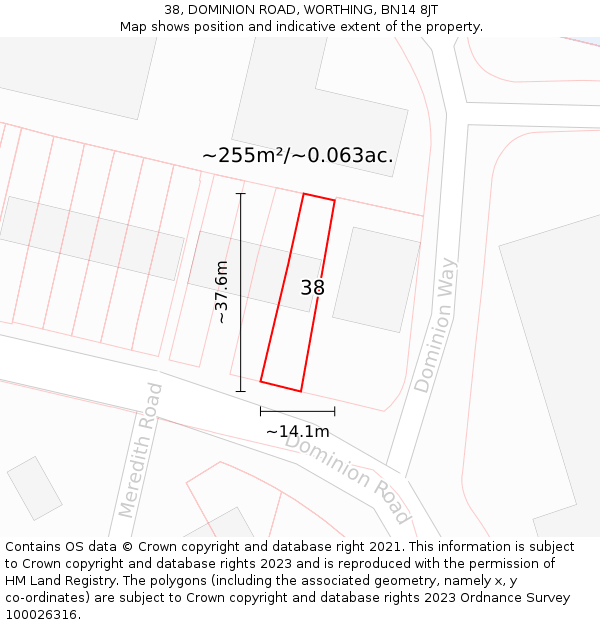 38, DOMINION ROAD, WORTHING, BN14 8JT: Plot and title map