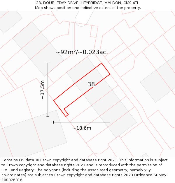 38, DOUBLEDAY DRIVE, HEYBRIDGE, MALDON, CM9 4TL: Plot and title map