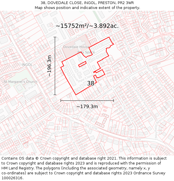 38, DOVEDALE CLOSE, INGOL, PRESTON, PR2 3WR: Plot and title map