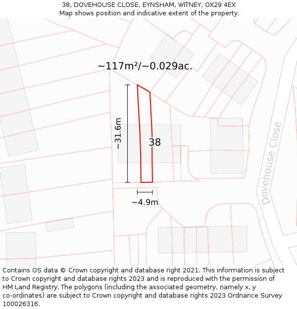 38, DOVEHOUSE CLOSE, EYNSHAM, WITNEY, OX29 4EX: Plot and title map