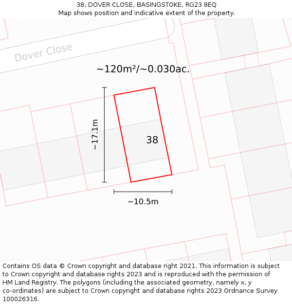 38, DOVER CLOSE, BASINGSTOKE, RG23 8EQ: Plot and title map