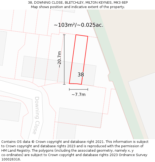 38, DOWNING CLOSE, BLETCHLEY, MILTON KEYNES, MK3 6EP: Plot and title map