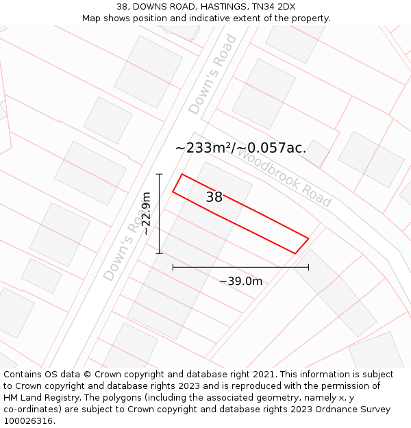 38, DOWNS ROAD, HASTINGS, TN34 2DX: Plot and title map