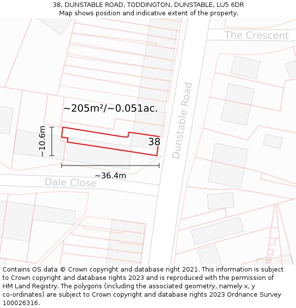 38, DUNSTABLE ROAD, TODDINGTON, DUNSTABLE, LU5 6DR: Plot and title map