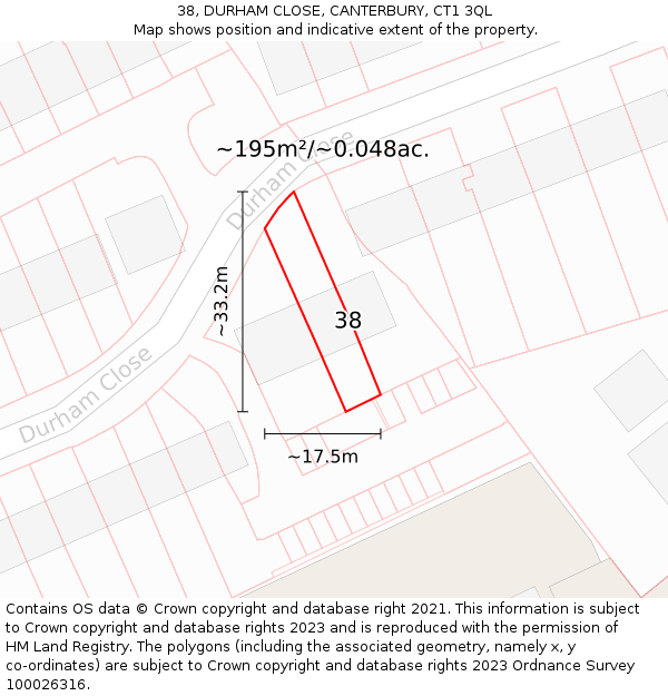 38, DURHAM CLOSE, CANTERBURY, CT1 3QL: Plot and title map