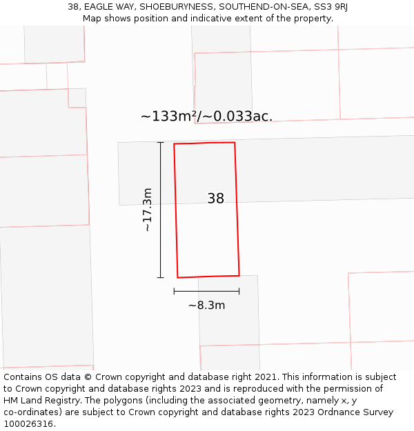 38, EAGLE WAY, SHOEBURYNESS, SOUTHEND-ON-SEA, SS3 9RJ: Plot and title map