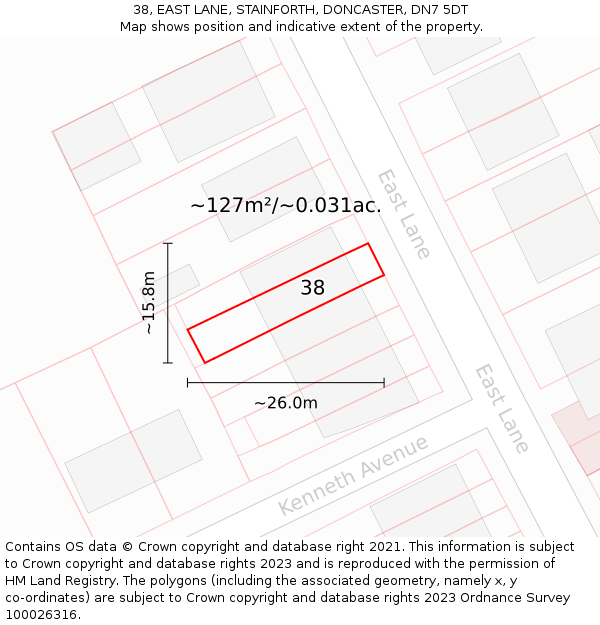 38, EAST LANE, STAINFORTH, DONCASTER, DN7 5DT: Plot and title map