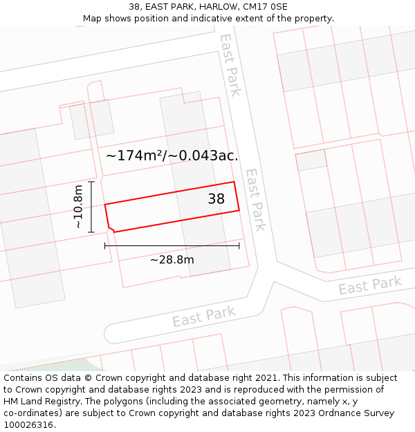 38, EAST PARK, HARLOW, CM17 0SE: Plot and title map