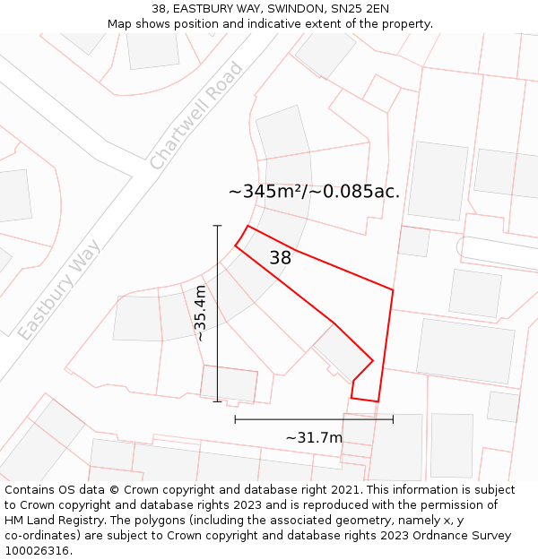 38, EASTBURY WAY, SWINDON, SN25 2EN: Plot and title map