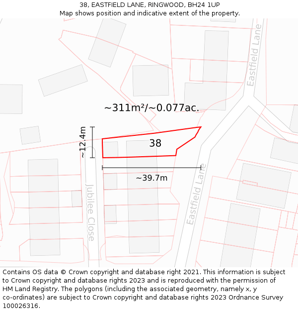 38, EASTFIELD LANE, RINGWOOD, BH24 1UP: Plot and title map