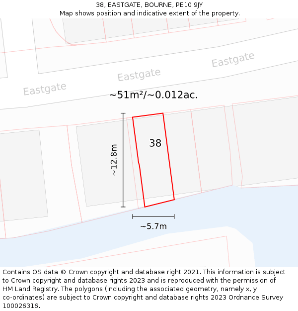 38, EASTGATE, BOURNE, PE10 9JY: Plot and title map