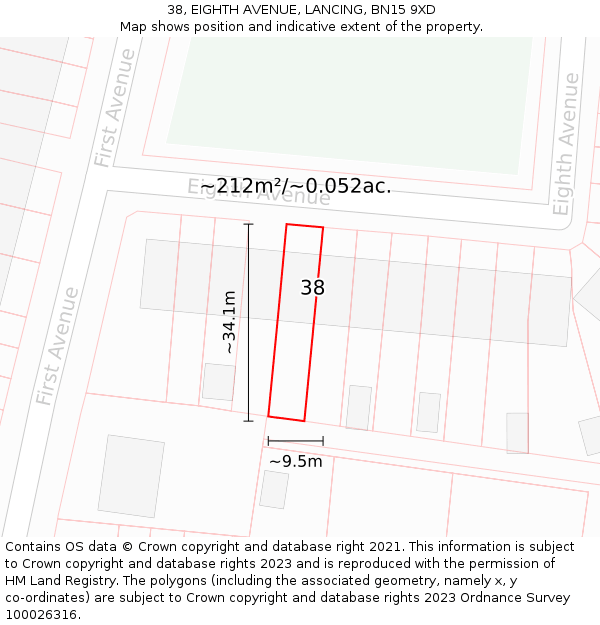 38, EIGHTH AVENUE, LANCING, BN15 9XD: Plot and title map