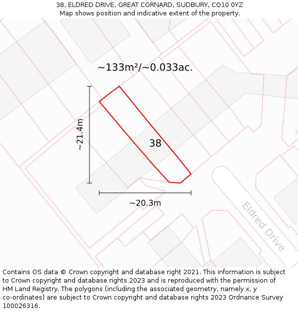 38, ELDRED DRIVE, GREAT CORNARD, SUDBURY, CO10 0YZ: Plot and title map