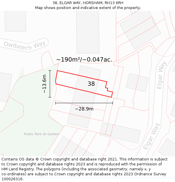 38, ELGAR WAY, HORSHAM, RH13 6RH: Plot and title map