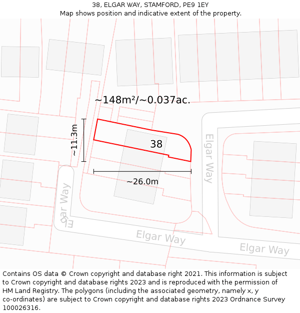 38, ELGAR WAY, STAMFORD, PE9 1EY: Plot and title map