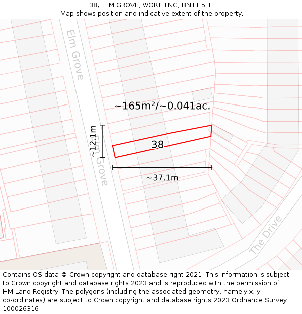 38, ELM GROVE, WORTHING, BN11 5LH: Plot and title map
