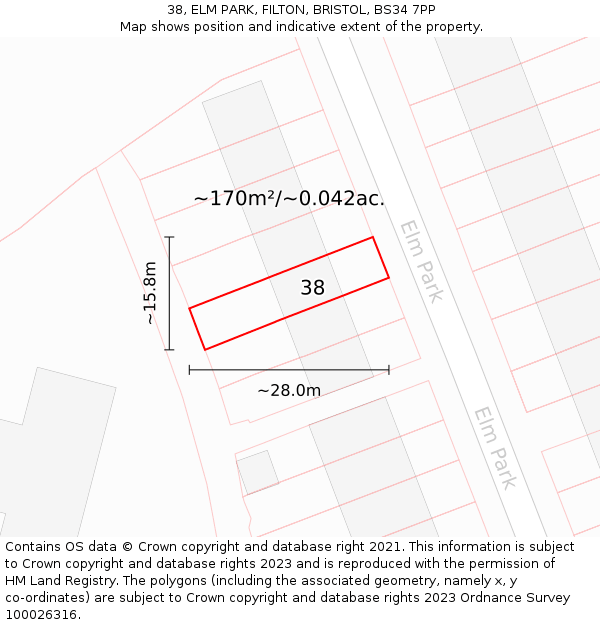 38, ELM PARK, FILTON, BRISTOL, BS34 7PP: Plot and title map