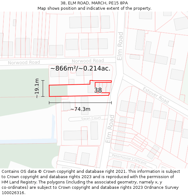 38, ELM ROAD, MARCH, PE15 8PA: Plot and title map