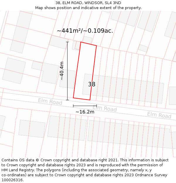 38, ELM ROAD, WINDSOR, SL4 3ND: Plot and title map