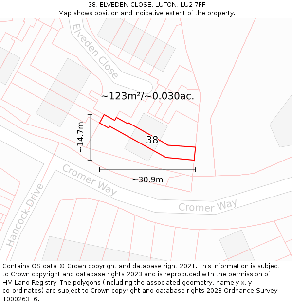 38, ELVEDEN CLOSE, LUTON, LU2 7FF: Plot and title map
