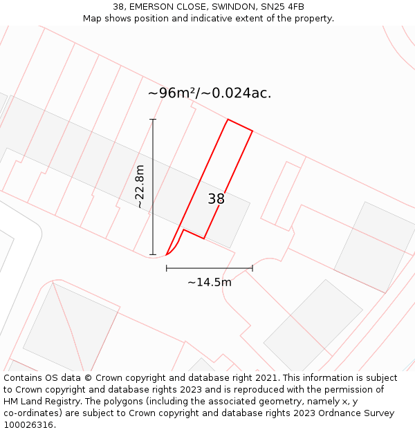 38, EMERSON CLOSE, SWINDON, SN25 4FB: Plot and title map