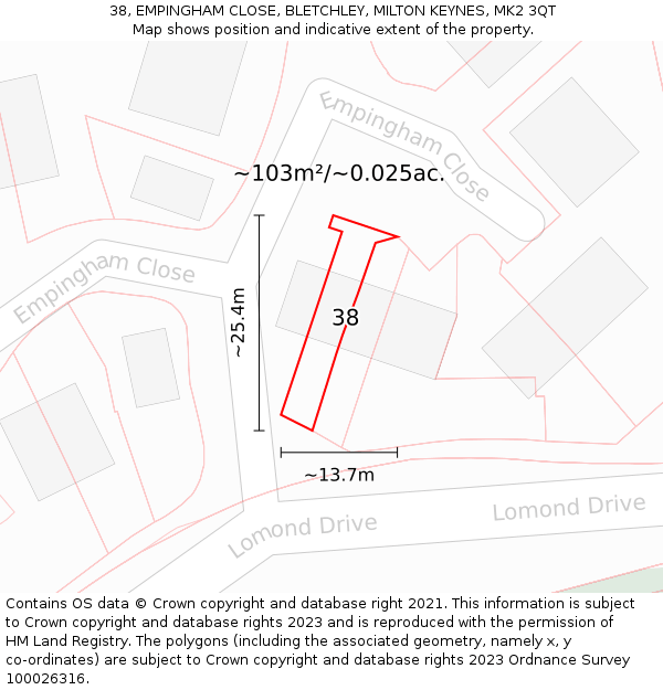 38, EMPINGHAM CLOSE, BLETCHLEY, MILTON KEYNES, MK2 3QT: Plot and title map