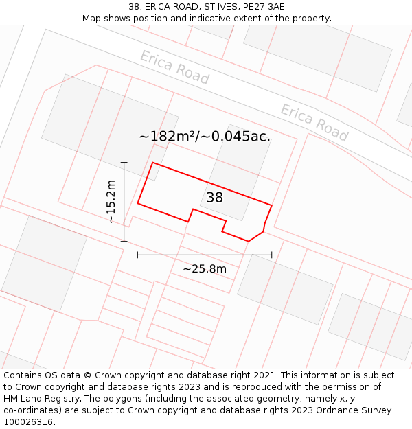 38, ERICA ROAD, ST IVES, PE27 3AE: Plot and title map