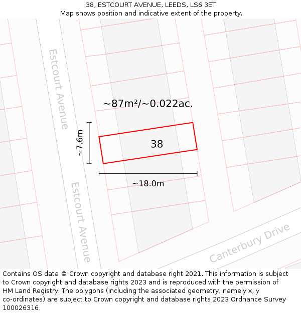 38, ESTCOURT AVENUE, LEEDS, LS6 3ET: Plot and title map