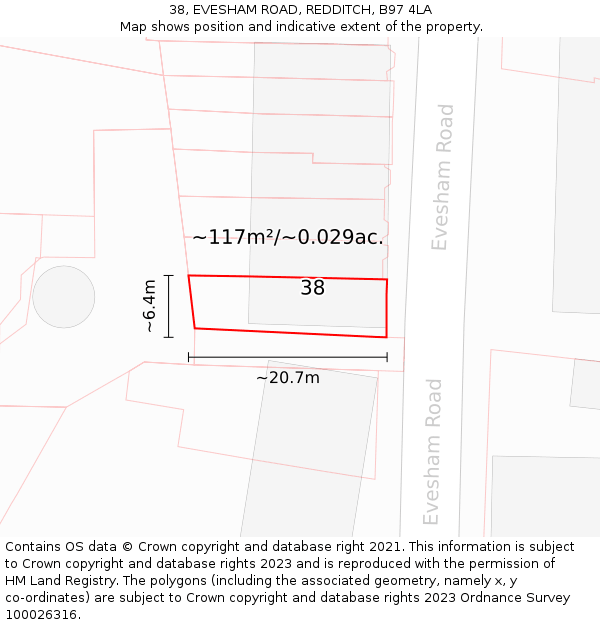 38, EVESHAM ROAD, REDDITCH, B97 4LA: Plot and title map