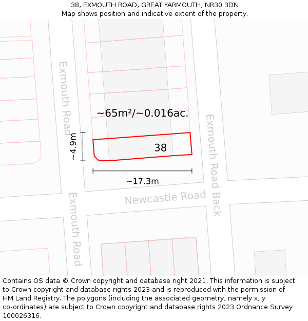 38, EXMOUTH ROAD, GREAT YARMOUTH, NR30 3DN: Plot and title map