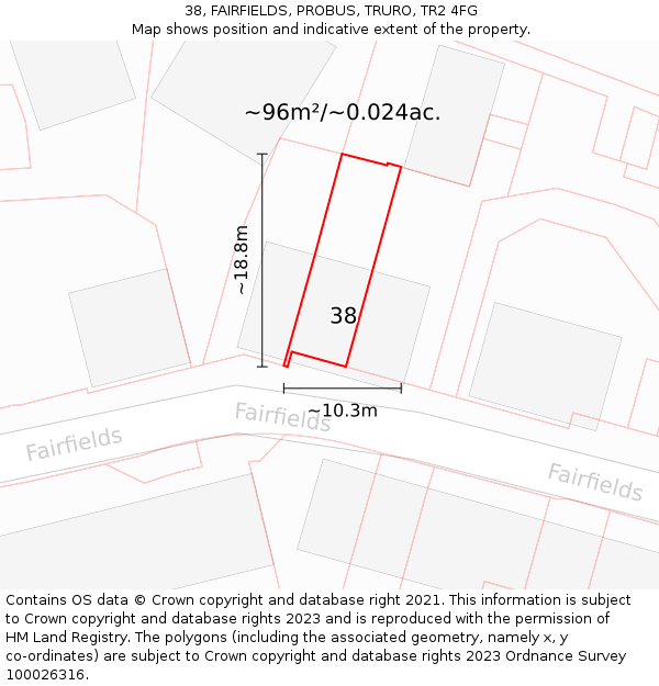 38, FAIRFIELDS, PROBUS, TRURO, TR2 4FG: Plot and title map