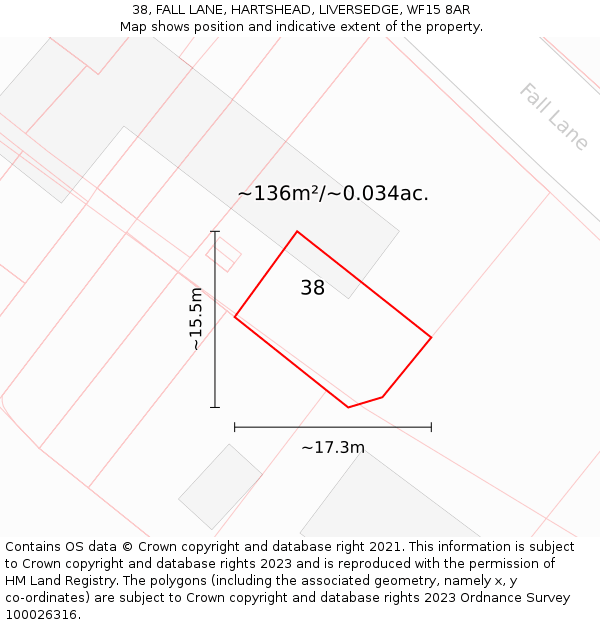38, FALL LANE, HARTSHEAD, LIVERSEDGE, WF15 8AR: Plot and title map