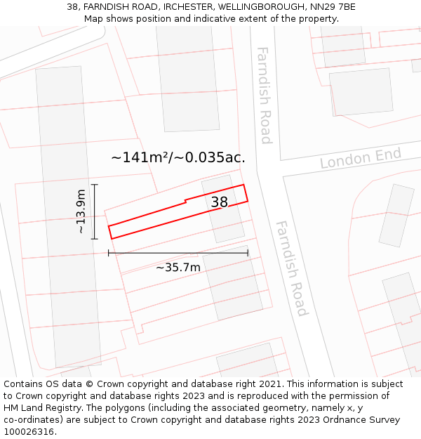 38, FARNDISH ROAD, IRCHESTER, WELLINGBOROUGH, NN29 7BE: Plot and title map