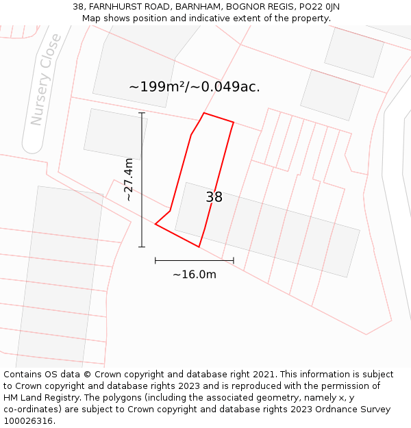 38, FARNHURST ROAD, BARNHAM, BOGNOR REGIS, PO22 0JN: Plot and title map